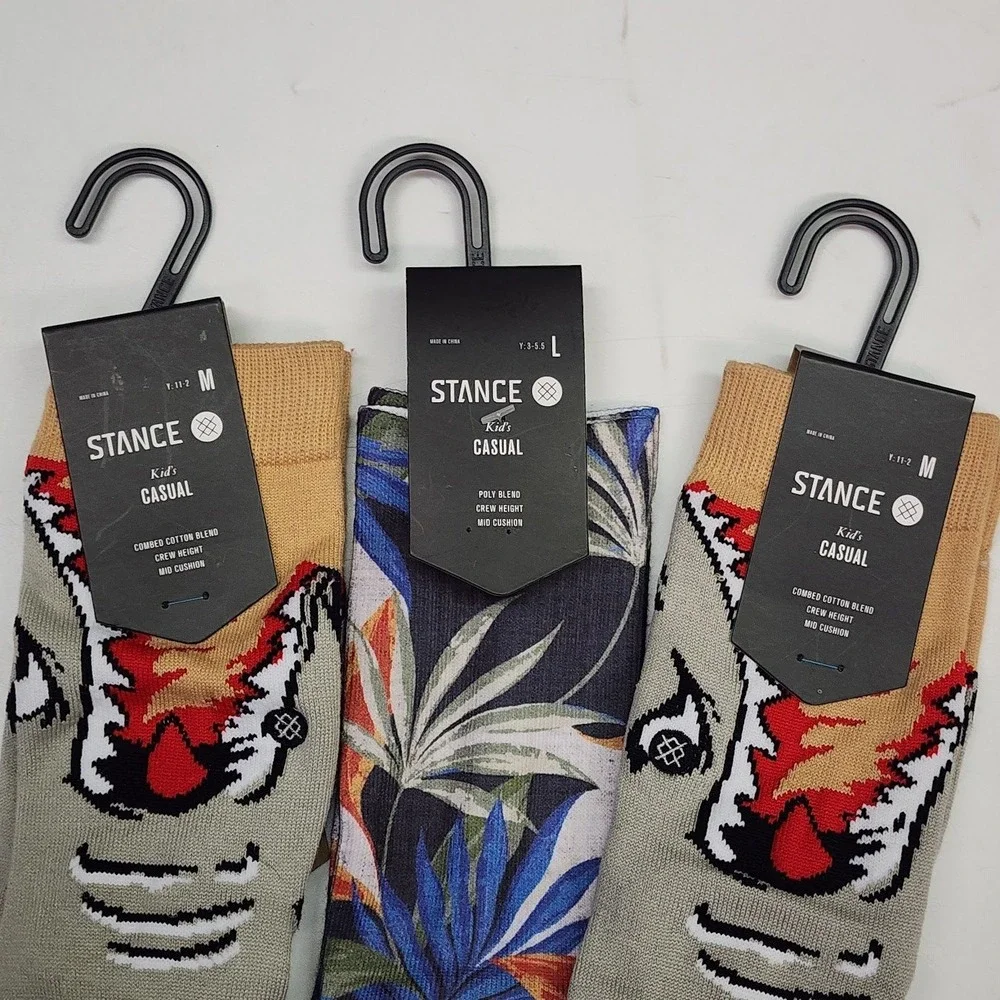 Stance Kids Casual‎ Crew Socks Tiger Floral Print Mid Cushion Youth M Pack of 3